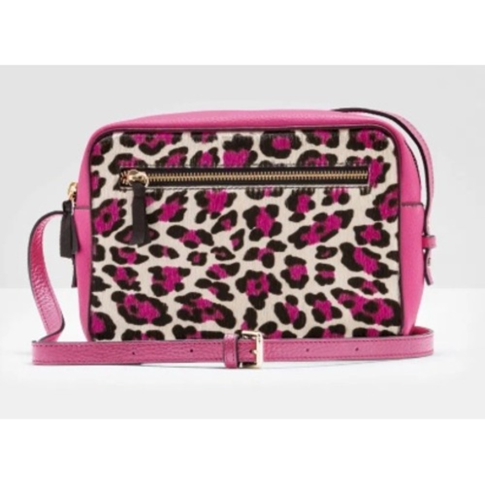 Boden Lyon Crossbody Bag Pink Pebbled Leather Leopard Print Calf Hair Camera